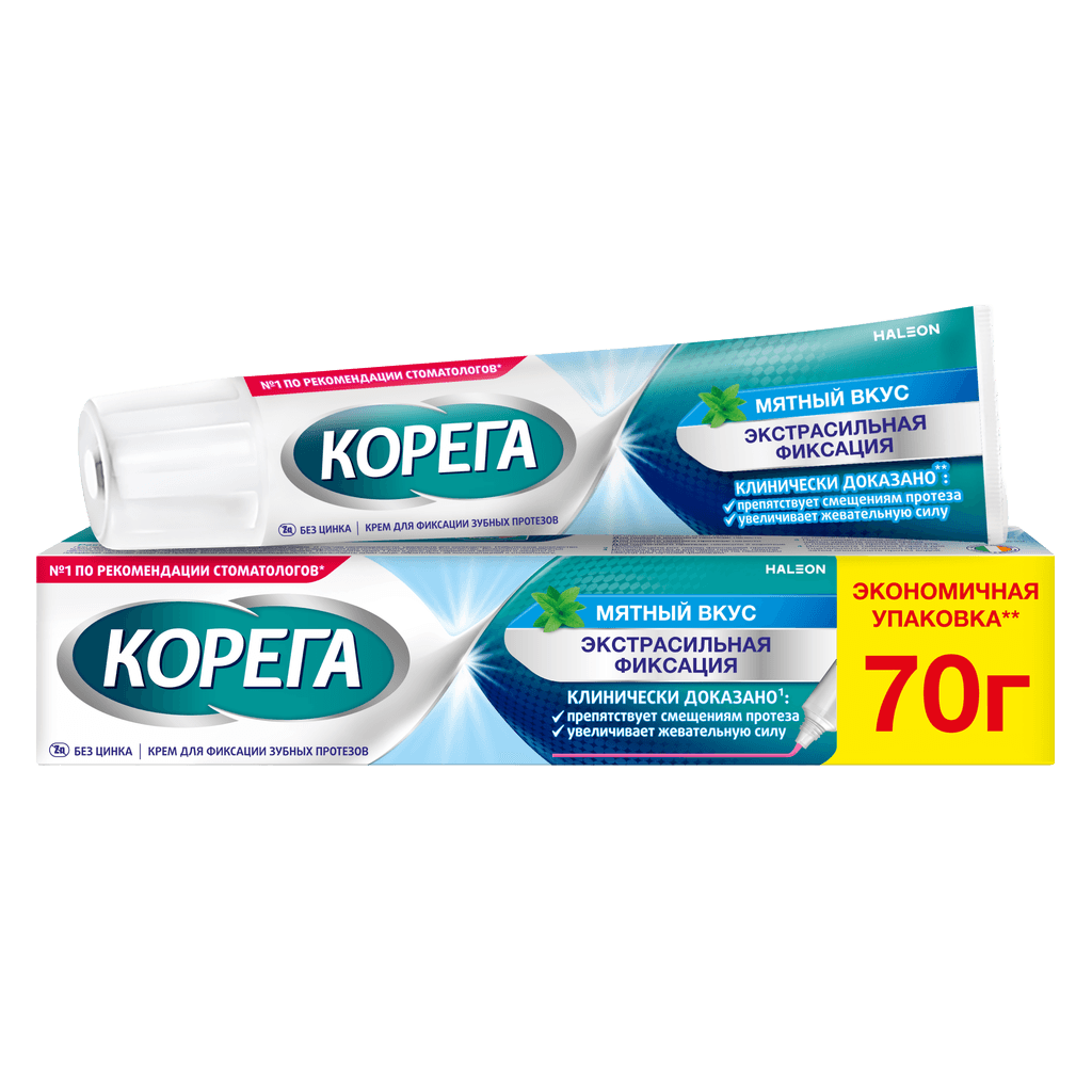 Korega Ekstra sil'nyy myatnyy dlya fiksatsii zubnykh protezov krem, 70 g